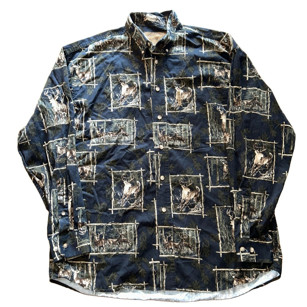 Vintage North River Outfitters Shirt Men's M Deer Black AOP Button Up